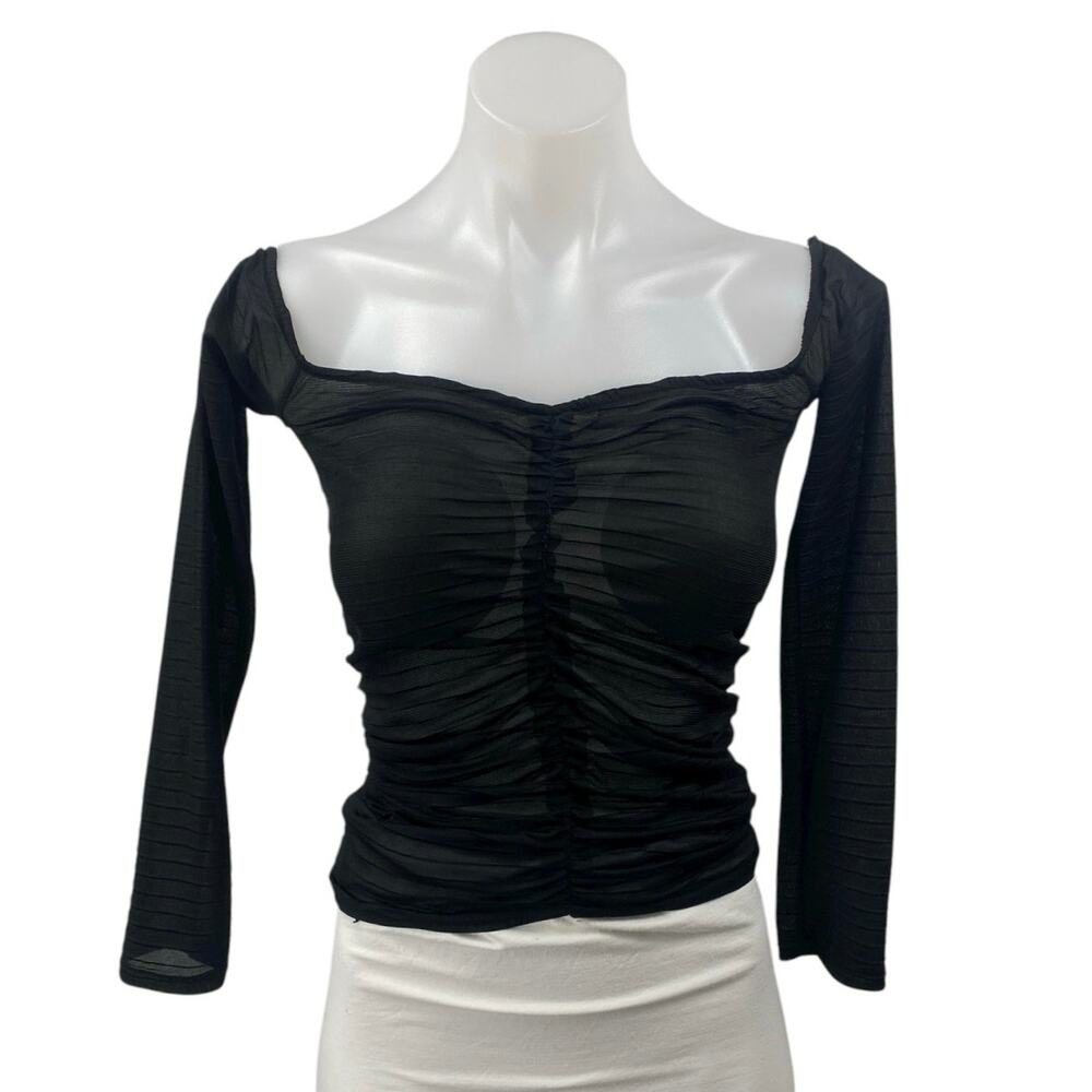 Zara Black Ruched Chiffon Sheer Square Neck Long Sleeve Crop Blouse Top Size S
